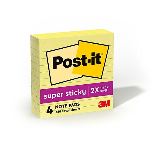 Postit Super Sticky Notes, 4" x 4", Canary Collection, Lined, 90 Sheet
