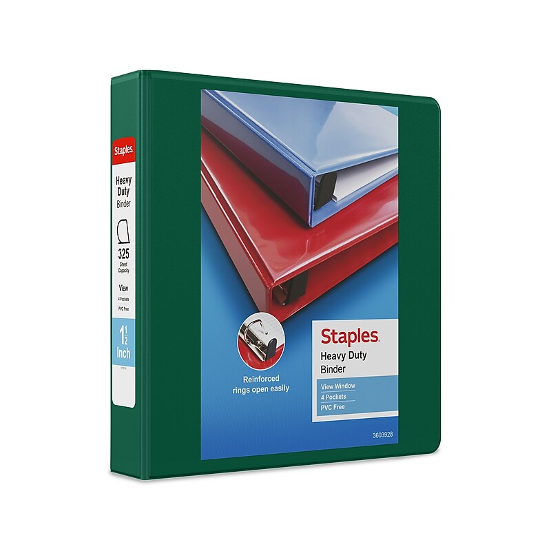 Staples Heavy Duty 1 1/2" 3-Ring View Binder, D-Ring, Green (ST56310-CC) image 1