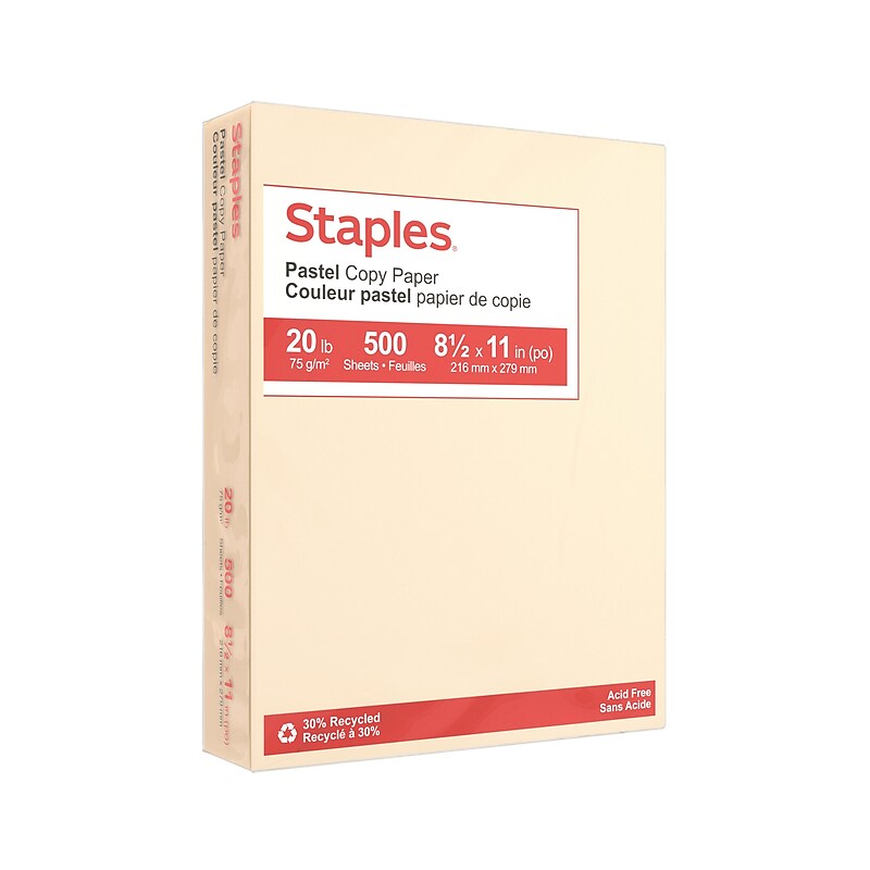 Staples Pastel 30% Recycled Color Copy Paper, 20 lbs., 8.5" x 11", Cream, 500/Ream (14789) image 1