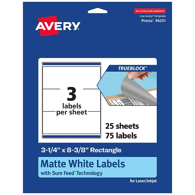 Avery TrueBlock Laser/Inkjet Rectangle Multipurpose Labels, 3-1/4" x 8-3/8", White, 75/Pack (94251) image 1