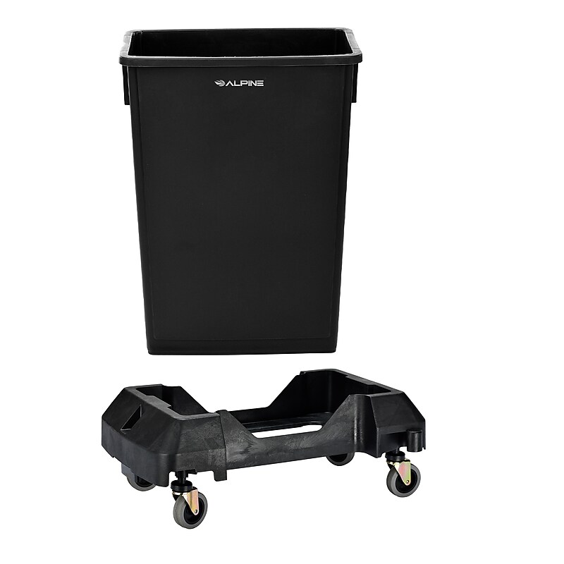 Alpine Industries Polypropylene Trash Can and Dolly, 23 Gallon, Black (ALP477-BLK-PKD) image 1