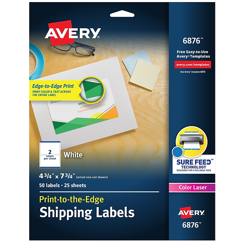 Avery Print-to-the-Edge Color Laser Shipping Labels, 4-3/4" x 7-3/4", White, 50 Labels/Pack (6876) image 1