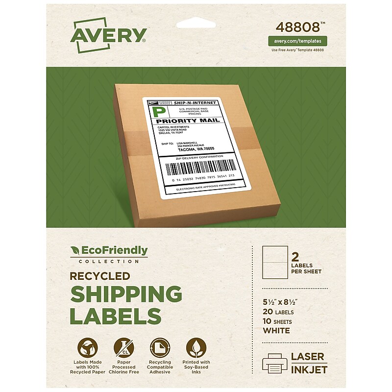 Avery EcoFriendly Laser/Inkjet Shipping Labels, 5-1/2" x 8-1/2", Matte White, 20 Labels/Pack (48808) image 1