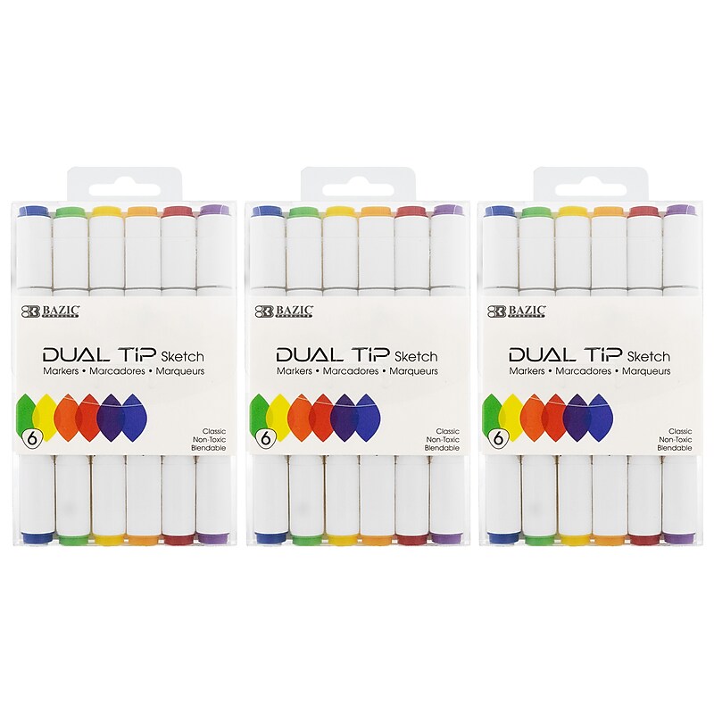 Bazic Alcohol-Based Marker, Twin Tip, Assorted Colors, 6/Pack, 3 Packs/Bundle (BAZ1229-3) image 1