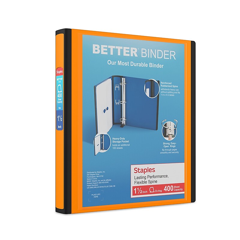 Staples Heavy Duty 1 1/2" 3-Ring Better Binder, D-Ring, Orange (ST55857-CC) image 1