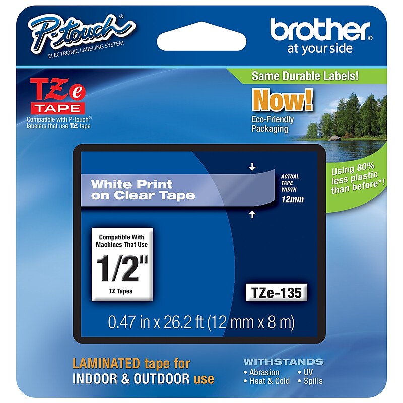 Brother P-touch Laminated Label Maker Tape, 1/2" x 26-2/10', White on Clear, 6/Carton (TZE-135-CT) image 1