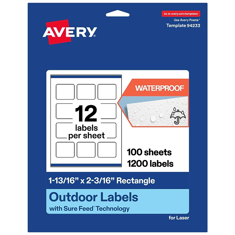 Avery Waterproof Rectangle Laser Multipurpose Labels, 1-13/16" x 2-3/16", White, 1200/Box (19479399287) image 1