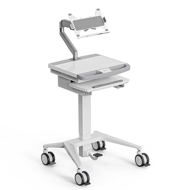 Mount-It! MedHub Mobile Medical Cart Workstation with Spring Arm Laptop Mount and Locking Caster Wheels, White/Grey (MI-16017) image 1