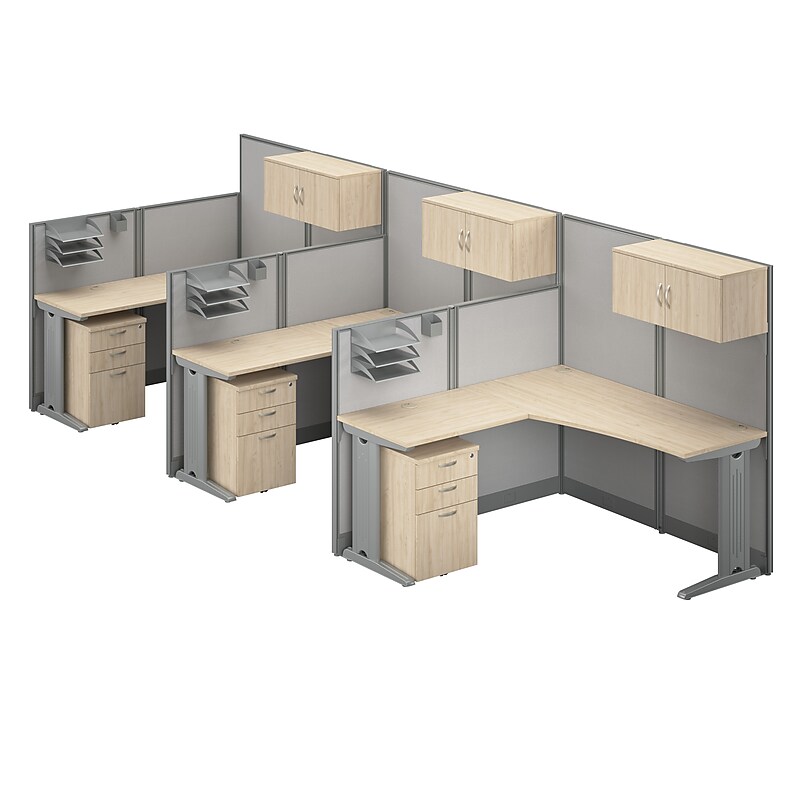 Bush Business Furniture Office in an Hour 3 Person L Cubicle Desk Set, Natural Elm (OIAH006NE) image 1