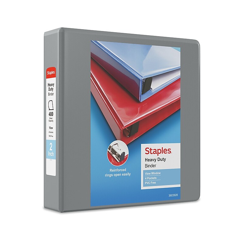 Staples Heavy Duty 2" 3-Ring View Binder, D-Ring, Gray (ST56330-CC) image 1