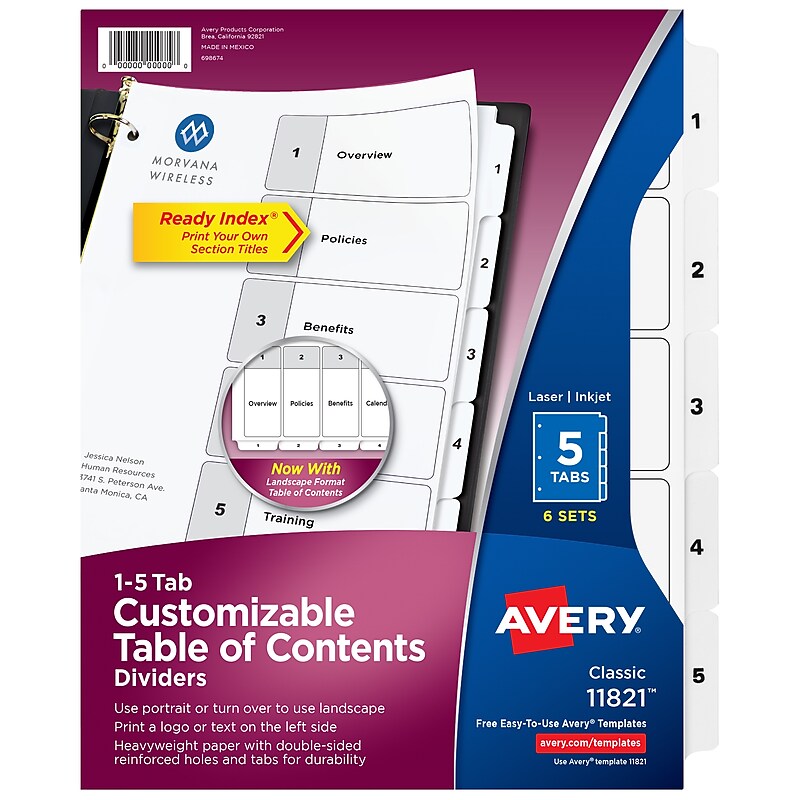 Avery Ready Index Table of Contents Paper Dividers, 1-5 Tabs, White, 6 Sets/Pack (11821) image 1