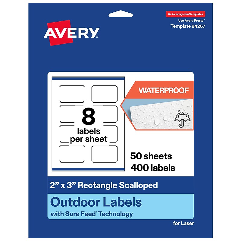 Avery Rectangle Scalloped Laser Multipurpose Labels, 2" x 3", White, 400/Box (19479399398) image 1