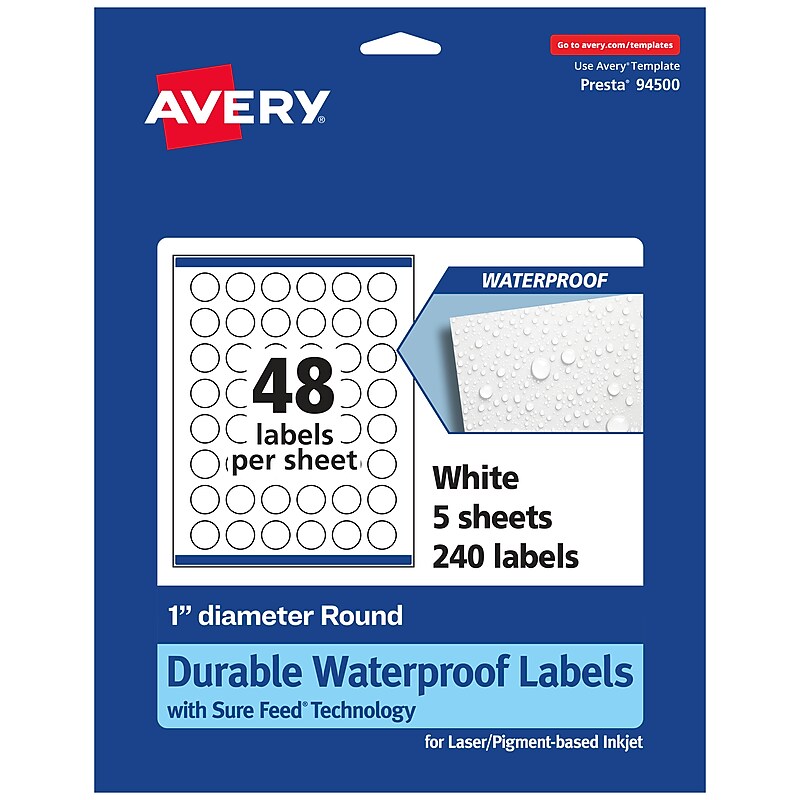 Avery Laser/Inkjet Round Multipurpose Labels, 1" Dia., White, 240 Labels/Pack (94500) image 1