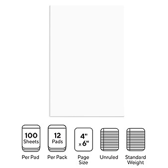 Staples Notepads, 4" x 6", Unruled, White, 100 Sheets/Pad, Dozen Pads/Pack (ST57328)