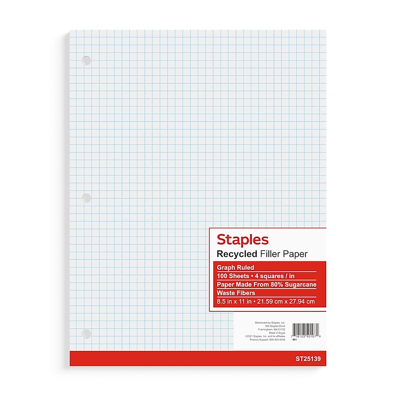 Staples Graph Ruled Filler Paper, 8.5" x 11", White, 100 Sheets/Pack (TR25139) image 1