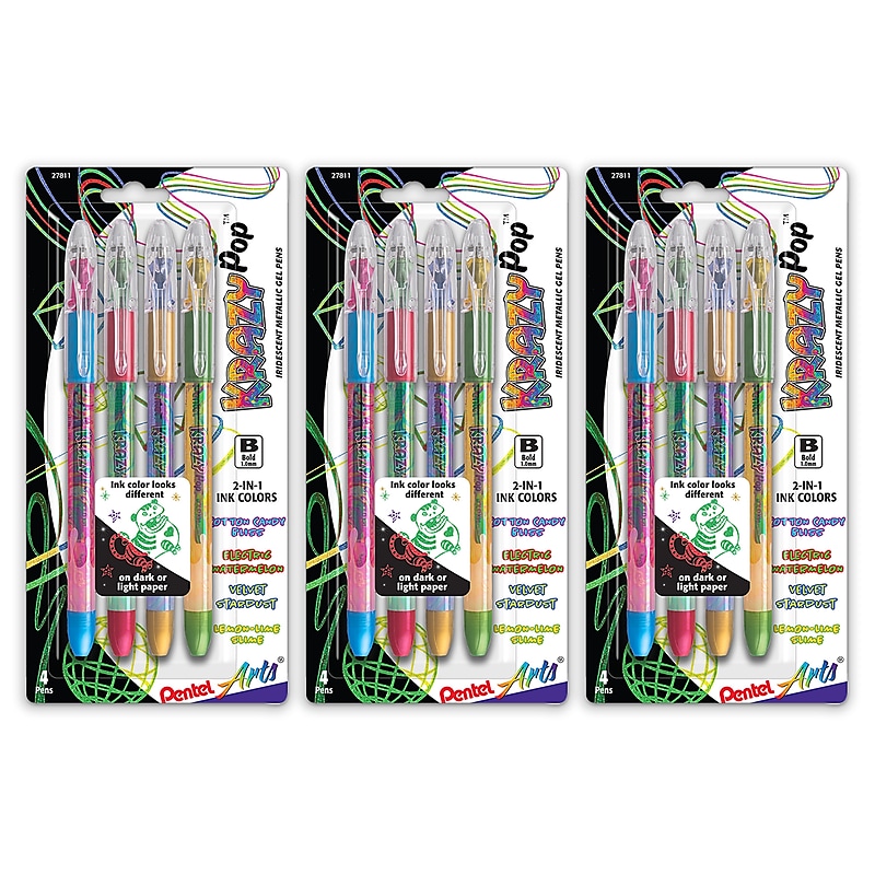 Pentel Arts Krazy Pop Iridescent Gel Pen, 1.0mm Bold line, Assorted Ink, 4 Per Set, 3 Sets (PTAK91PABP4M3-3) image 1