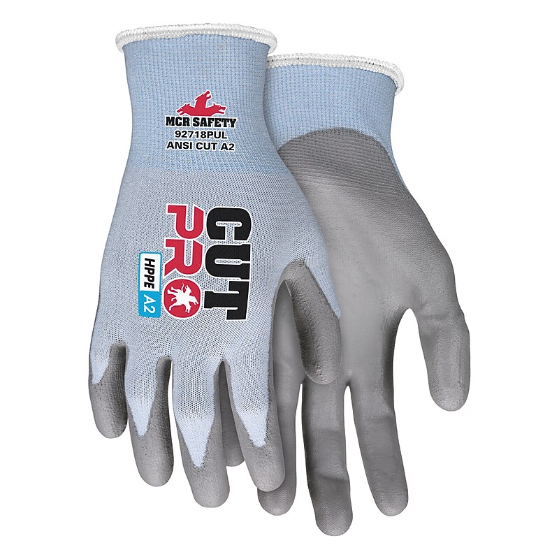 MCR Safety CutPro Polyurethane Cut Resistant HyperMax HPPE Gloves, Large, 18 Gauge, A2 Cut Level, Light Blue/Silver (92718PUL) image 1
