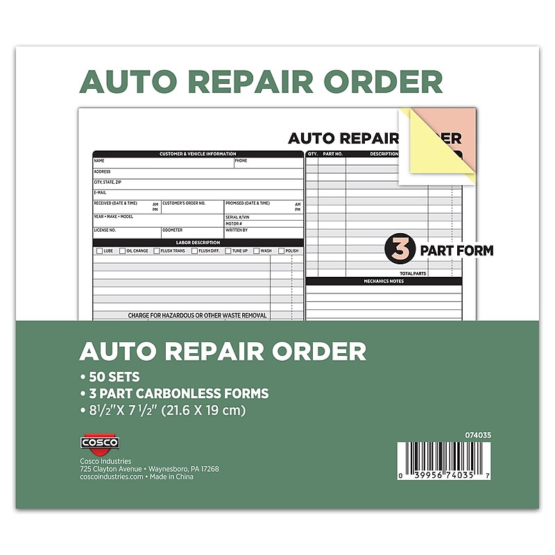 Cosco 3-Part Carbonless Auto Repair Order, 8.5" x 7.5", 50 Sets/Book (074035PK2) image 1