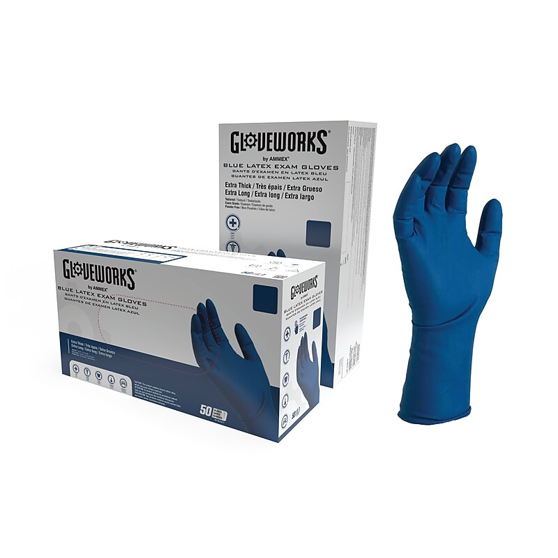 GloveWorks Powder Free Latex Food Safe Exam Gloves, XL, Blue, 50 Gloves/Box, 10 Boxes/Carton (GPLHD88100XX) image 1