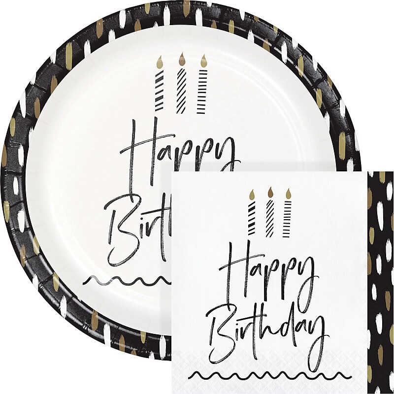 Creative Converting Golden Wishes Birthday Plates and Napkins Kit, Black/Gold, Serves 16 (DTC9506E2G) image 1