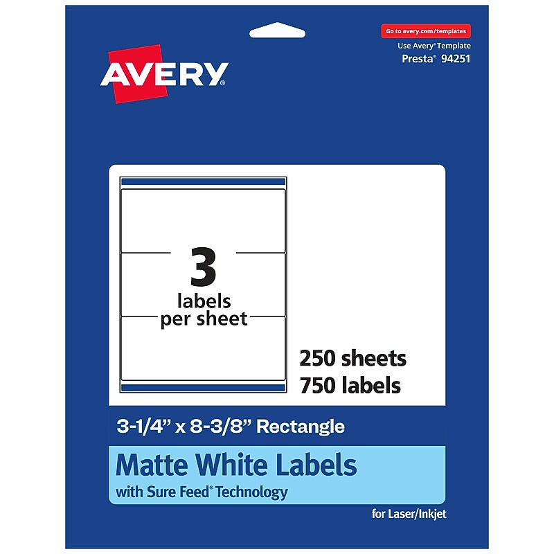 Avery Laser/Inkjet Rectangle Multipurpose Labels, 3.25" x 8.375", White, 750 Labels/Box (94251) image 1
