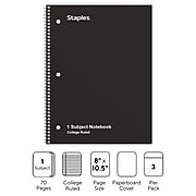 Staples 1-Subject Notebook, 8.5" x 10.5", College Ruled, 70 Sheets, Black, 3/Pack (TR58373)