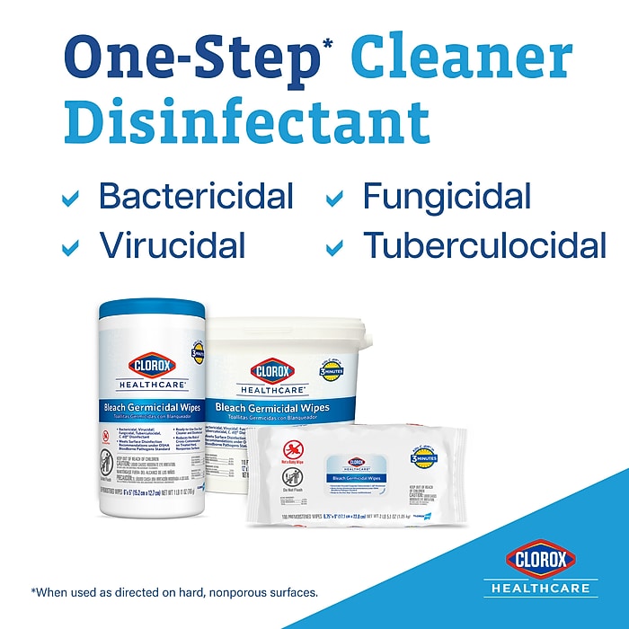 Clorox Healthcare Bleach Germicidal Wipes, 150 Wipes/Container, 6