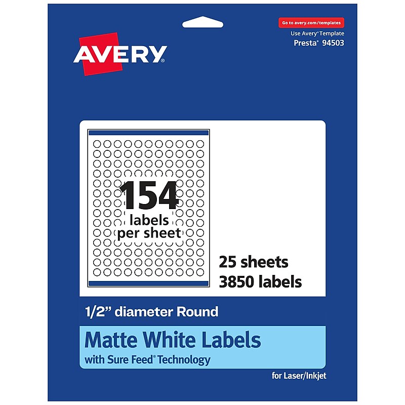 Avery Laser/Inkjet Round Multipurpose Labels, 0.5" Dia, Matte White, 3850 Labels/Pack (94503) image 1