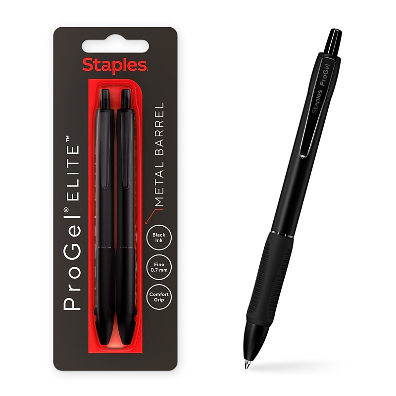 Staples ProGel Elite Retractable Metal Barrel Gel Pen, Fine Point, 0.7mm, Black Ink, 2/Pack (ST63291) image 1