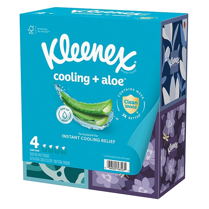 Kleenex Cooling + Aloe Facial Tissue, 2-ply, 50 Tissues/Box, 4