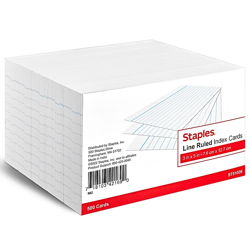 Staples 3" x 5" Index Cards, Lined, White, 500/Pack (TR51009) image 1