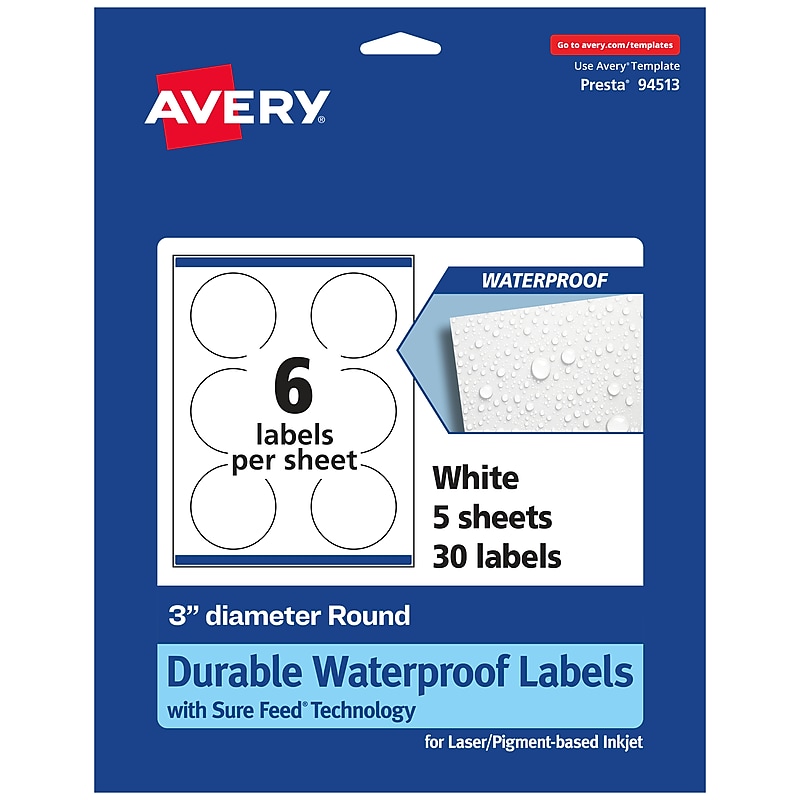 Avery Laser/Inkjet Round Multipurpose Labels, 3" Dia., White, 30 Labels/Pack (94513) image 1