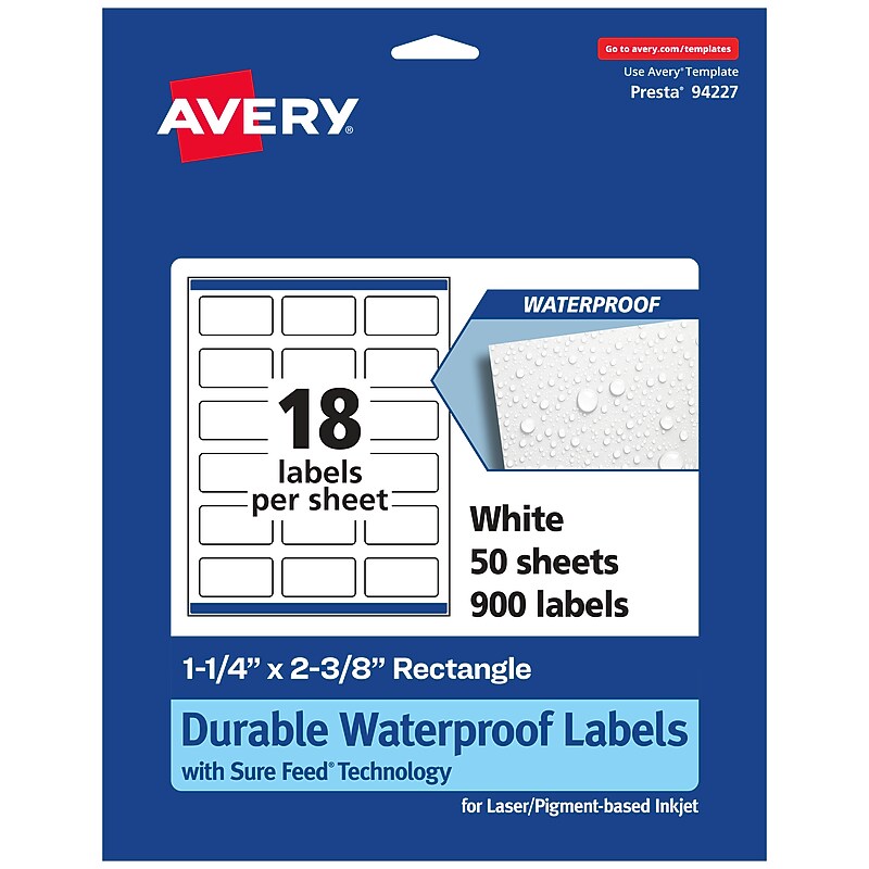 Avery Laser/Inkjet Rectangle Waterproof Multipurpose Labels, 2.375"  x 1.25", White, 900/Box (94227) image 1