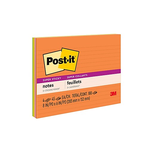 Postit Super Sticky Notes, 8" x 6", Energy Boost Collection, Lined, 45