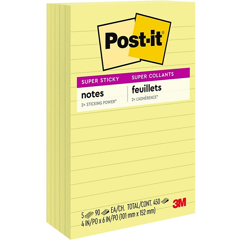 Post-it Super Sticky Notes, 4" x 6", Canary Collection, Lined, 90 Sheet/Pad, 5 Pads/Pack (6605SSCY) image 1