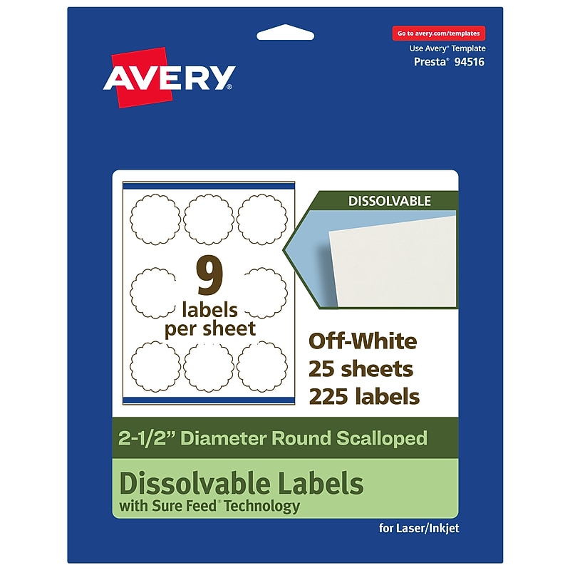 Avery Dissolvable Decorative Edge Multipurpose Labels, 2.5" Dia., Off-white, 225/Pack (94516) image 1