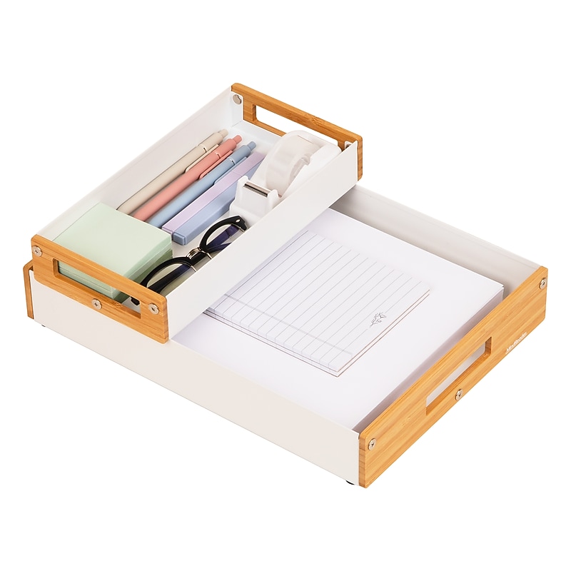 Mind Reader 2-Compartment Metal/Wood Tiered Desktop Organizer Trays, White (2TRAY-WHT) image 1