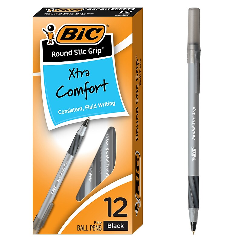 BIC Round Stic Grip Xtra Comfort Ballpoint Pens, Fine Point, 0.8mm, Black Ink, Dozen (13902) image 1