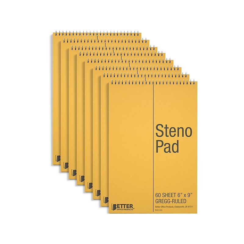 Better Office Steno Pad, 6" x 9", Gregg-Ruled, Yellow, 60 Sheets/Pad, 8 Pads/Pack (25808-8PK) image 1