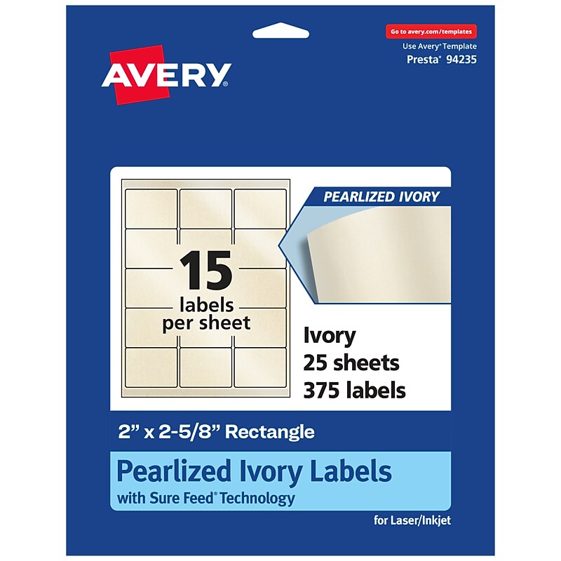 Avery Pearlized Ivory Rectangle Multipurpose Labels, 2" x 2-5/8", Ivory, 375/Pack (94235) image 1