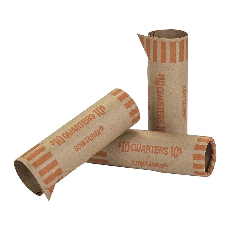 CONTROLTEK $10 Quarter Crimped-End Coin Wrapper, Kraft/Orange, 1000/Carton (560054) image 1