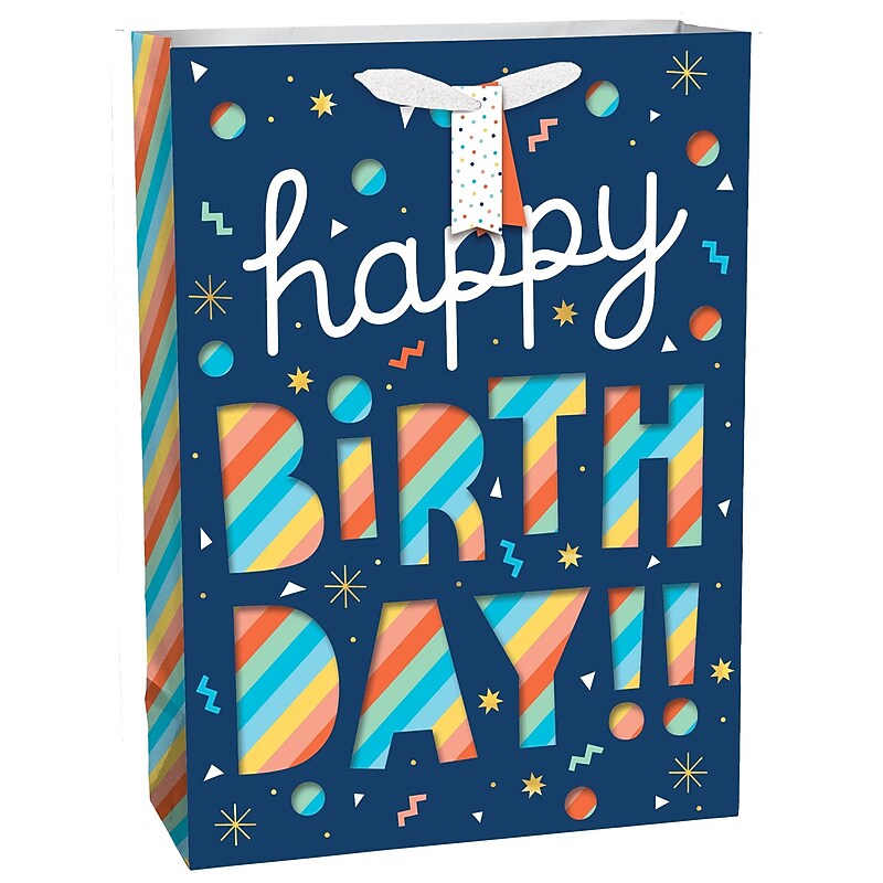 Party City Happy Birthday Rainbow Stripe Cutout Large Gift Bag, Multicolored (AM170807-NS) image 1