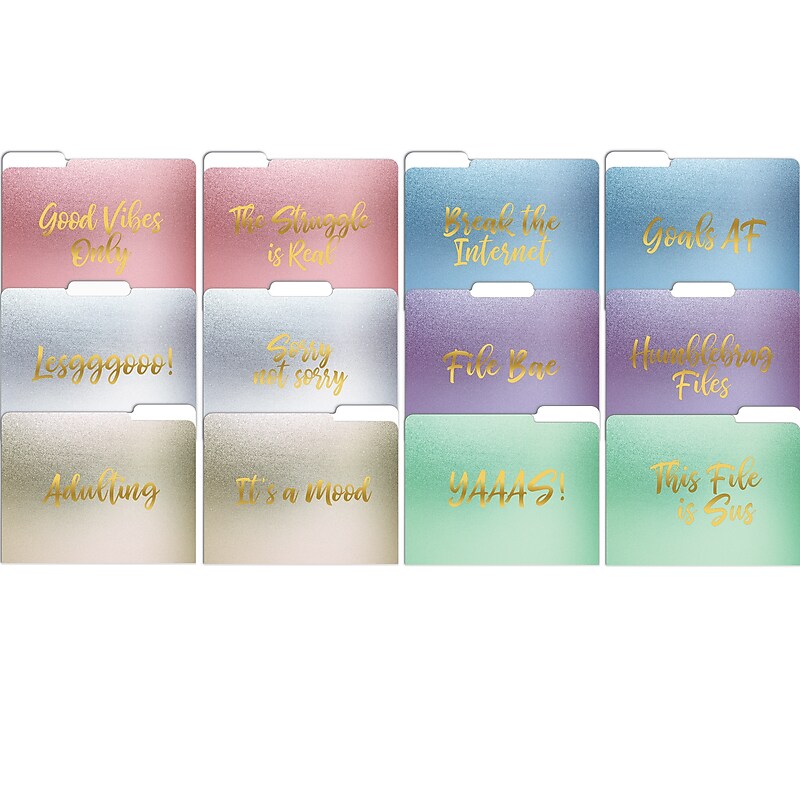 Better Office Gold Foil Popular Sayings Heavyweight File Folders, 1/3-Cut Tab, Letter Size, Assorted Colors, 12/Pack image 1