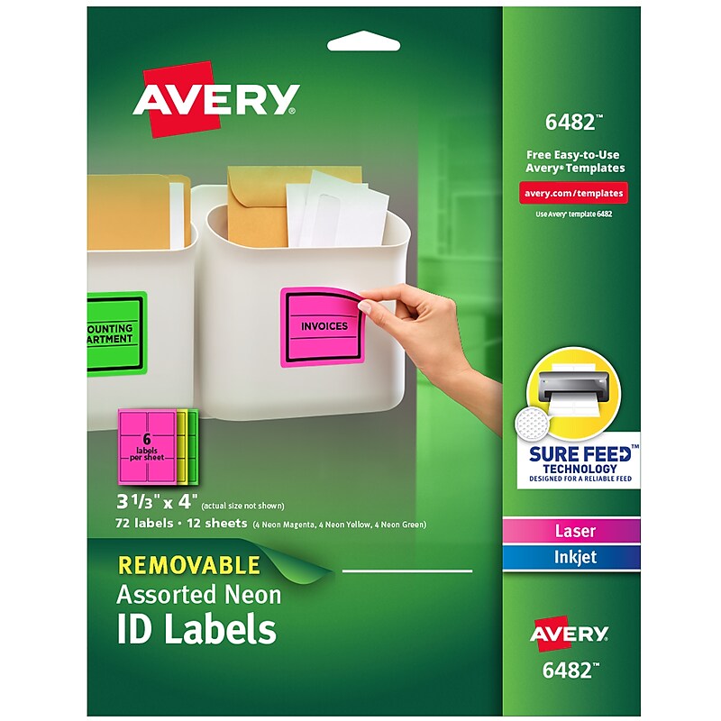 Avery Sure Feed Laser/Inkjet ID Labels, 3-1/3" x 4", Assorted Neon, 72 Labels/Pack (6482) image 1