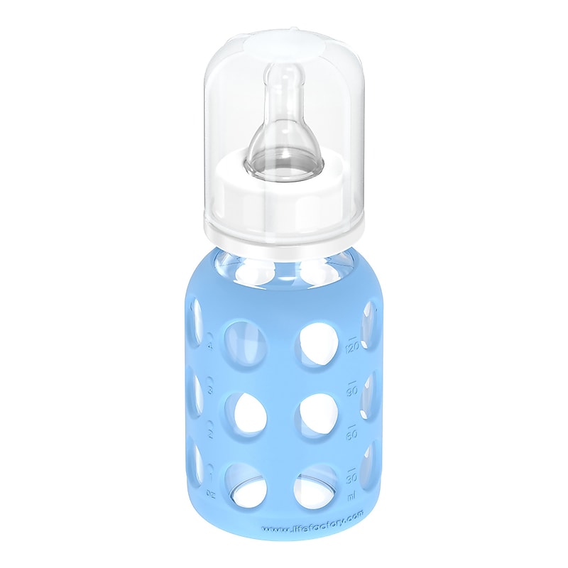 Lifefactory 4 oz. Glass Baby Bottle with Silicone Sleeve, Stage 1 Nipple, Stopper & Cap, Sky (LF110000C4) image 1
