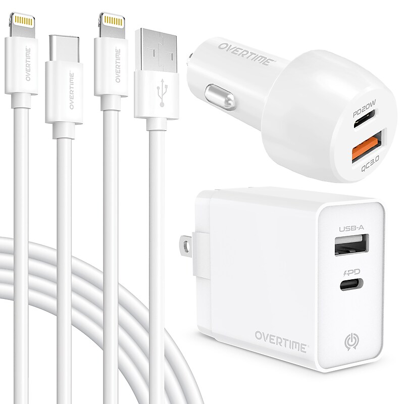 Delton Overtime USB-C/USB Wall & Car Chargers with Apple MFi Certified Lightning Cables for iPhone/iPad, White (DAC3IN12USBSL) image 1