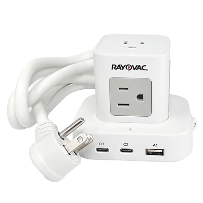 RAYOVAC 5-Outlet 3-USB Port Power Cube Surge Protector with Flat Plug, 5-ft., 540 Joules, White (SS-P927) Sansujyuku sansujyuku.com