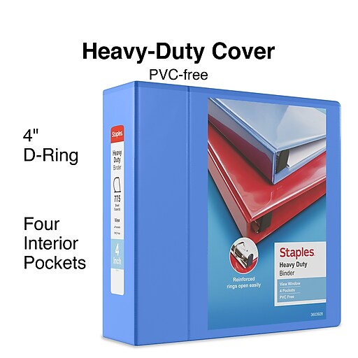 Staples Heavy Duty 4" 3Ring View Binder with DRings and Four Interior Pockets, Periwinkle