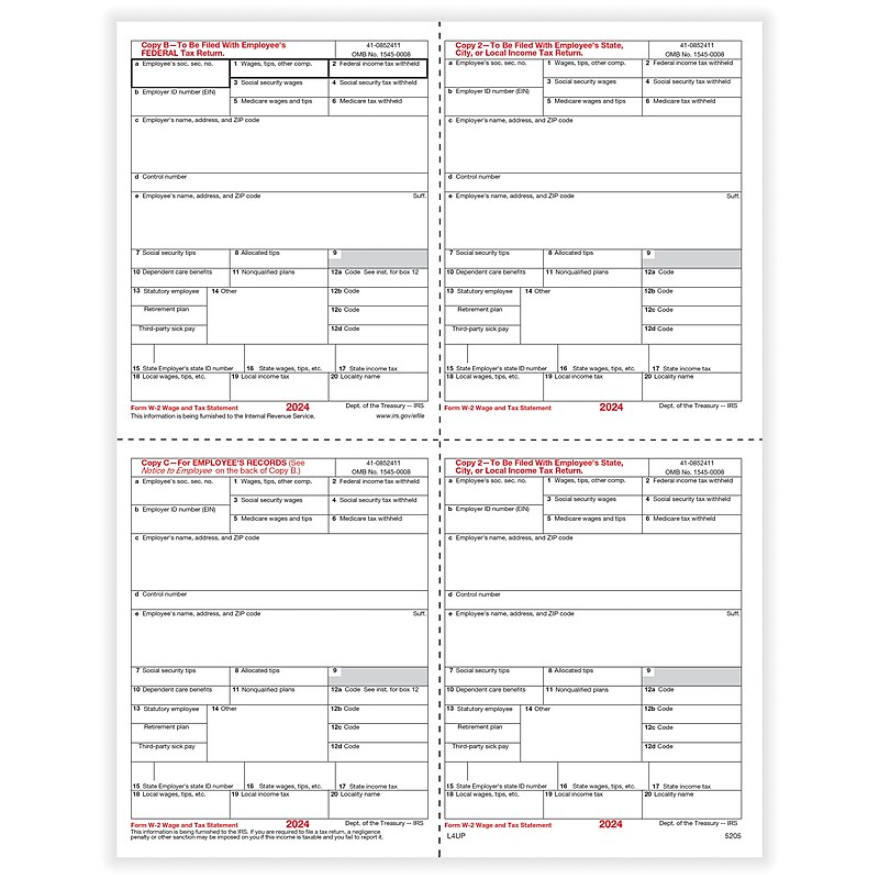 ComplyRight 2024 W-2 Tax Form, 1-Part, 4-Up, Copy B, C, 2, 2, 100/Pack (5205) image 1