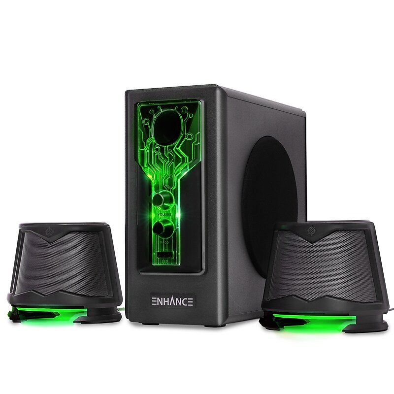 Enhance SB 2.1 Computer Speakers for Desktop with Subwoofer, Green LED Lights (ENPCSB2300GNWS) image 1
